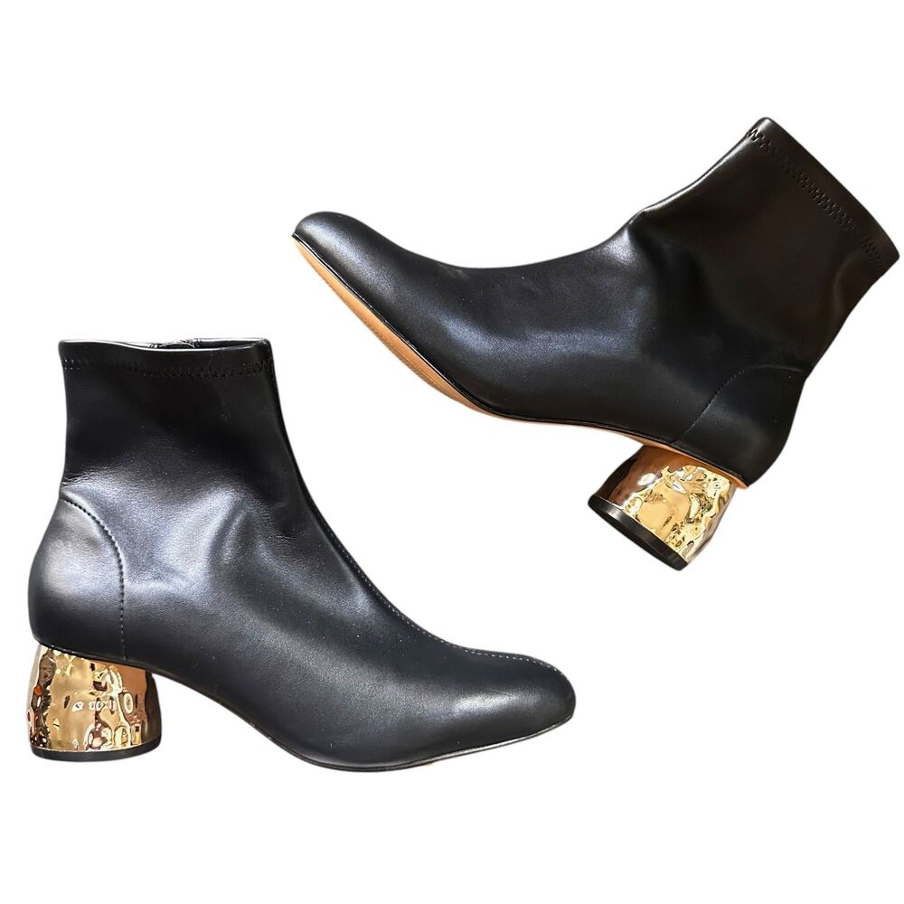 CHICO'S Faux Leather Gold Statement Bootie Black NWOB Sz7‎